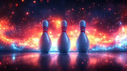 Three white bowling pins stand on a dark, glowing background with a blurred, fiery, and cosmic effect.