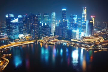 Naklejka premium Singapore skyline reflecting on the water at night