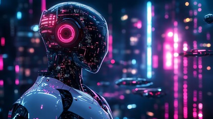 Fototapeta premium AI robot looking over a sprawling futuristic cityscape, neon-lit towers and hovering cars surrounding, vibrant blue and pink lights casting reflections on robot’s polished metal, cyberpunk mood,