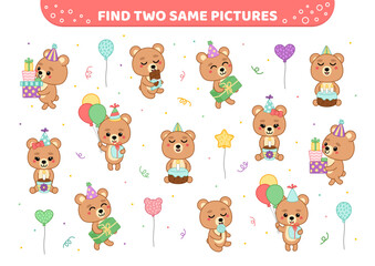 Birthday party of bear. Find two same pictures. Game for children. Cartoon, vector