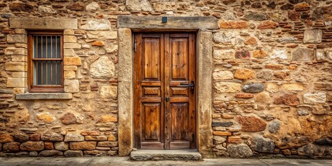 Vintage distressed wooden door with old window and stone wall background, old building, distressed wood, antique look, brick architecture