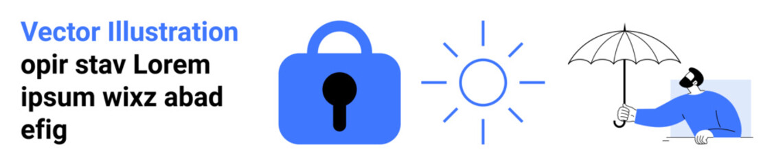 Blue padlock, sun symbol, and person holding umbrella representing themes of security, protection, climate, and privacy. Ideal for tech security, weather, insurance, safety, data protection, climate