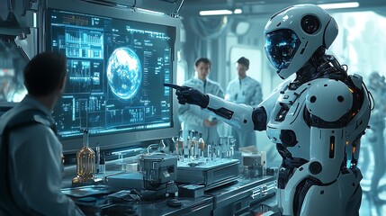 Fototapeta premium AI robot pointing at a holographic display while discussing data with scientists in a futuristic laboratory, intricate lab equipment around, ambient blue lighting, polished metal surfaces,