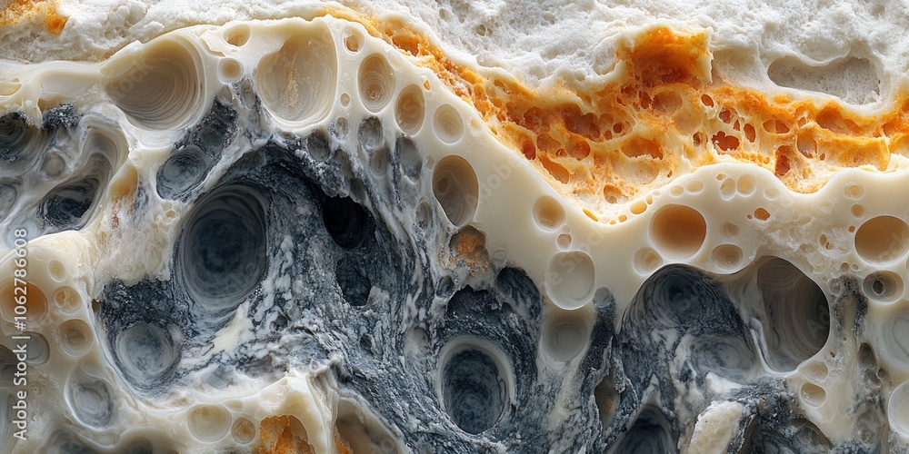 Poster close-up of a polished agate stone with circular patterns and hollows