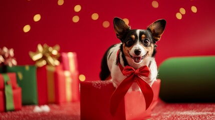 Dog agility training sets isolated on red christmas background with bow ribbon present