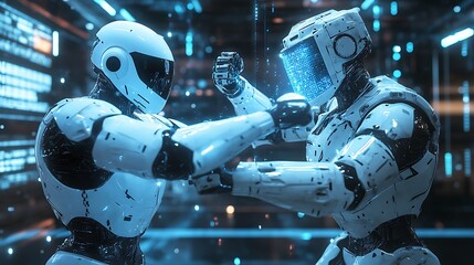 Fototapeta premium AI robot sparring with another robot in a futuristic dojo, sleek minimalistic design, holographic elements in the background, cool blue lighting, dynamic poses mid-action, realistic metallic sheen,