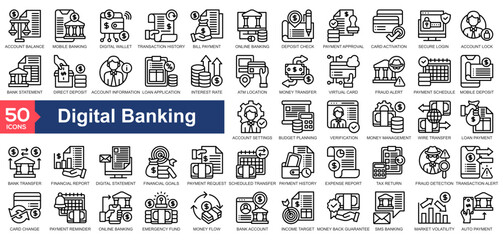  Digital Banking icon collection Line Style