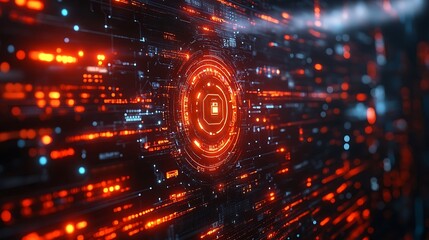 Obraz premium A futuristic digital interface with a red glowing circle and a padlock symbol in the center, surrounded by glowing lines and patterns.