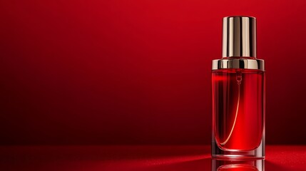 Naklejka premium Luxury skincare bottles on a reflective red surface with soft lighting to highlight elegance and refinement