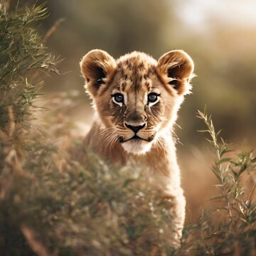AI-generated photorealistic, Young lion cub peeks through tall grass in the golden light of the savannah, showcasing its curious expression.