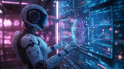AI robot standing in a futuristic room, interacting with a holographic screen displaying complex data visuals, soft blue and purple neon light reflecting on its metallic surfaces,