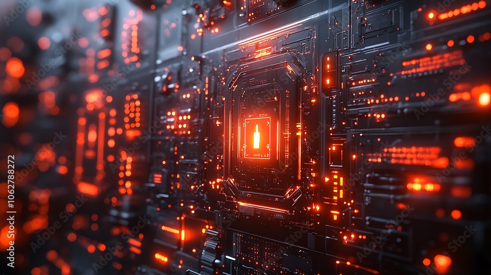 Poster a futuristic circuit board with a glowing red padlock in the center, representing cybersecurity and 