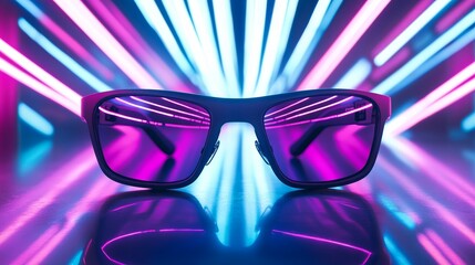 Smart glasses on a futuristic background with neon lights to emphasize innovation and high-tech features
