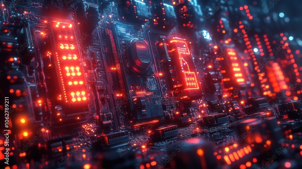 Poster a close-up view of a futuristic circuit board with glowing elements.