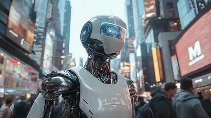 Fototapeta premium AI robot strolling down a modern urban walkway, surrounded by diverse people, high-tech architecture towering above, holographic billboards lighting the scene,