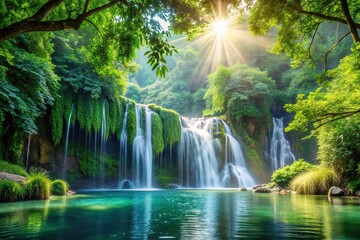 Waterfall Scene with Lush Greenery and Sparkling Water in the Background, waterfall, tranquility, serene