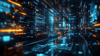 AI robot surrounded by floating holographic screens, each displaying futuristic data and visuals, blue and green neon lighting reflecting off metallic textures, intricate technology in the background,