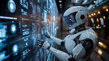 AI robot surrounded by holographic screens in a high-tech laboratory, arms extended in focus, intricate holographic data points floating around, futuristic neon lighting, metallic details illuminated,