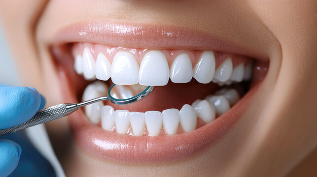 Close-up of smiling face with healthy, aligned teeth for dental hygiene concepts.