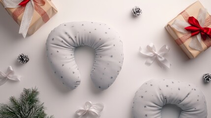 Obraz premium Travel neck pillows isolated on white christmas background with bow ribbon present