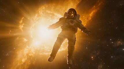 Fototapeta premium Astronaut Floating in Space with Sunburst Nebula