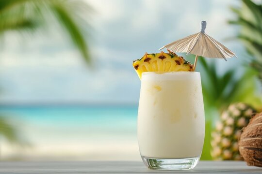A refreshing coconut cocktail with a slice of pineapple and a paper umbrella, set against a blurred beach background, with blank space for text. Ideal for commercial use in beverage advertisements.