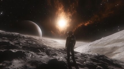 Obraz premium Astronaut on Alien Planet with Rising Sun and Distant Moon