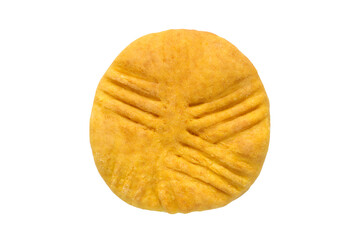 Round homemade cookies isolated on a white background. Yellow biscuits top view.