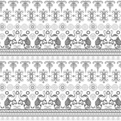 Seamless pattern in line art style blends Thai elephants with elaborate floral motifs.