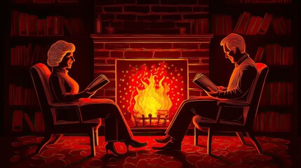 Obraz premium A cozy paper cut-out home scene with a retired couple reading books by the fireplace. 