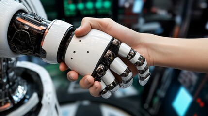 Futuristic robot shaking hands with a human sealing a partnership in renewable energy technology