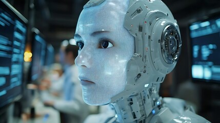 Fototapeta premium Close-up of an AI robot’s face in a dark underground lab, surrounded by monitors displaying streaming data, scientists in the background gazing in awe, intense lighting from screens,