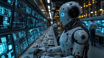 Fototapeta premium Futuristic AI robot in a dark underground lab filled with flickering monitors, scientists in awe observing from the sides, metallic reflections from screens, advanced tech equipment scattered around,