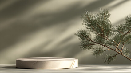 Obraz premium Rundes, beiges Podest aus Stein für Weihnachts- oder Winterprodukte vor olivgrünem Hintergrund, dekoriert mit Tannenzweigen sowie Licht- und Schatten im Hintergrund