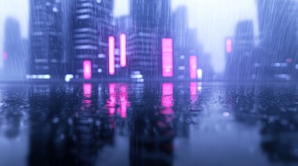 Naklejka premium Moody Lofi Cityscape: 3D Render of Rainy Day with Neon Lights Reflected in Puddles - Ultra-Detailed Illustration for Introspective Vibes