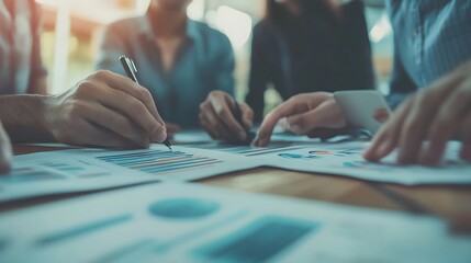 Business people discussing financial data graph chart report papers