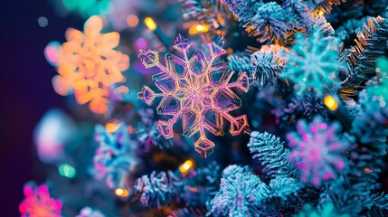 Naklejka premium Futuristic Christmas: Artificial Snowflakes Cascading on Cyberpunk Tree with Vibrant Neon Lights