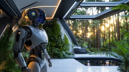 Robot standing in a modern eco-home adjusting the temperature and lighting for maximum energy efficiency