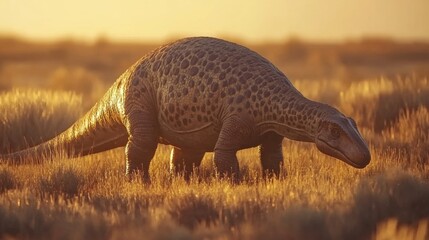 Fototapeta premium Prehistoric Dinosaur in Grassy Field at Sunset