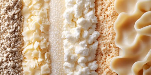 Close-up of five different textures of white and beige cheese