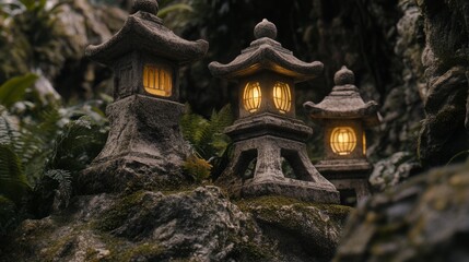 Stone Lanterns with Warm Light in a Lush Garden