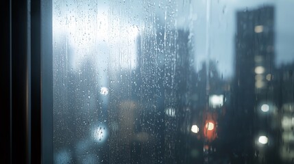 Naklejka premium Serene Rainy Night: Lofi Aesthetic 3D Render of Rain-Covered Window with Blurred City Lights in Distance - Ultra-Detailed Illustration