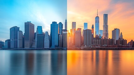 Fototapeta premium City skyline through the day; first with early morning light casting soft shadows on the buildings, second with intense midday sun and clear blue sky,