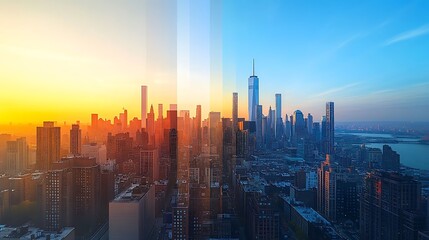 City skyline through the day; first with early morning light casting soft shadows on the buildings, second with intense midday sun and clear blue sky,