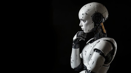 Studio portrait photo of a futuristic robot holding its chin in a thoughtful pose studio shot isolated over matte black background