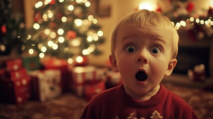 Photo of surprised little boy. Kid with his mouth open in surprise standing in Christmas decorated room. Pleasantly shocked baby saw holiday miracle. Poster, banner, background, wallpaper
