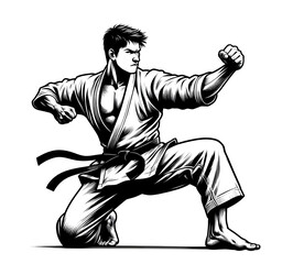 Isolated black and white vector illustration of a karate fighter in a fighting pose on a white background.