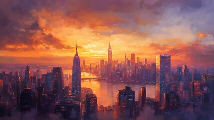 Fototapeta premium City skyline through three times of day; dawn with soft golden light, midday with bright clarity and strong shadows, and dusk with warm orange and purple tones,
