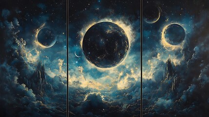 Earth’s celestial phases in three stages; full Earth illuminated with swirling clouds, half-Earth showing a balance of light and shadow, and crescent Earth glowing subtly,