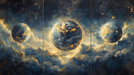 Earth’s celestial phases in three stages; full Earth illuminated with swirling clouds, half-Earth showing a balance of light and shadow, and crescent Earth glowing subtly,